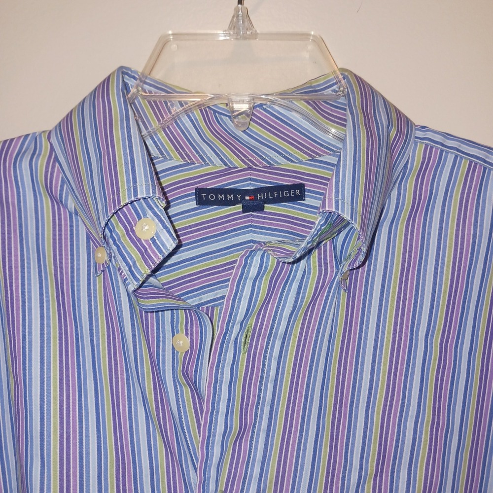 Tommy Hilfiger Striped Button Down Shirt Blue Purple Green Long Sleeve M 15.5